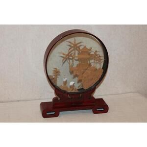Vintage Oriental Carved Cork Diorama with Cranes